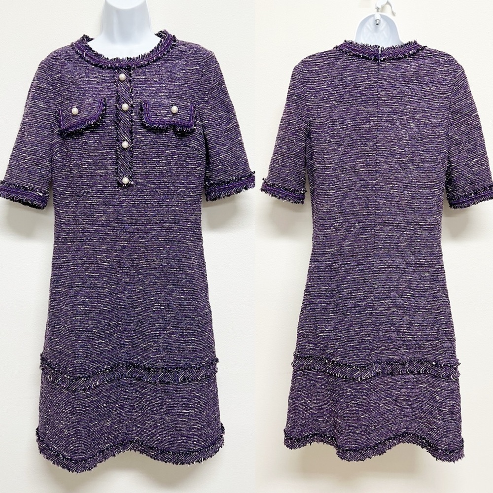 Rickie Freeman for Teri Jon Purple Tweed Pearl Accented Short Sleeve Midi Dress
